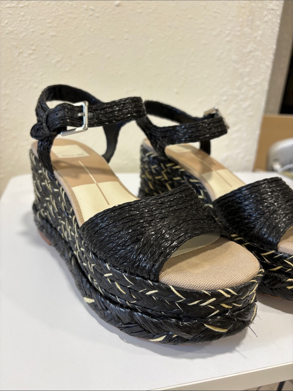 Dolce Vita Tiago Black Raffia Platform Sandals with Ankle Strap
